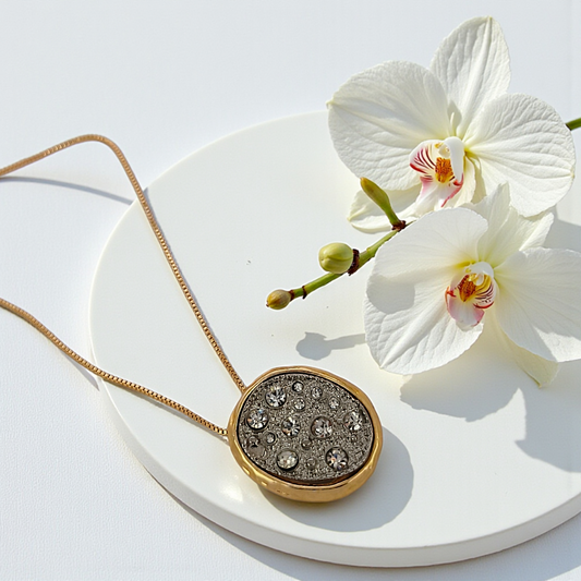 Colar Longo Botão Orgânico Bicolor  Gotas Zircônias