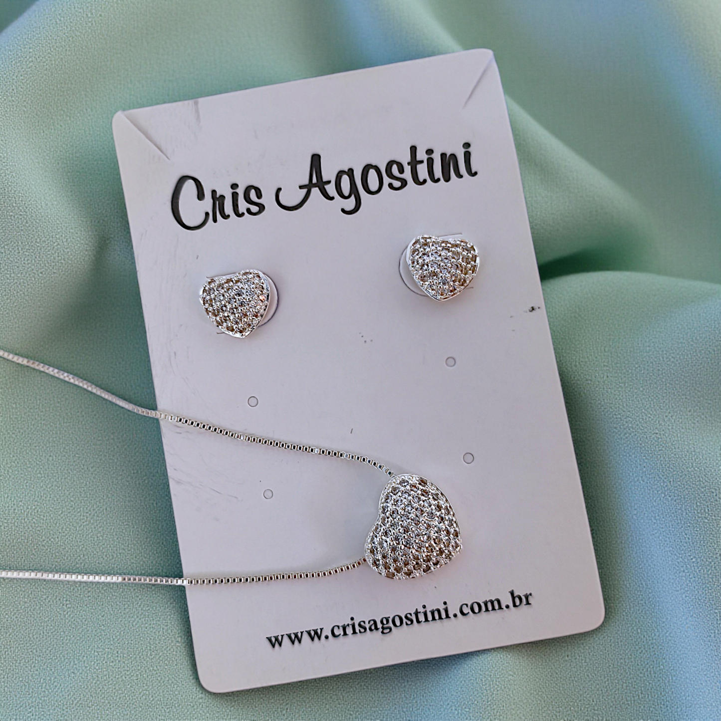 Conjunto Coração Microzircônias Cristal Prata 925