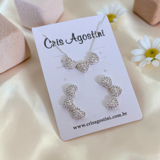 Conjunto Três Corações Prata 925