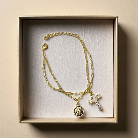 Pulseira Dupla Pingentes Crucifixo N. Senhora