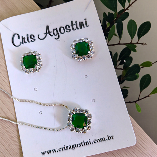 Conjunto Princesa Quadrado Verde Prata 925