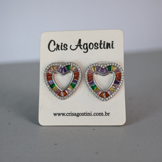 Brinco Coração Vazado Zircônias Colors e Microzircônias