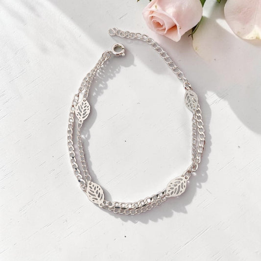 Pulseira Malha Dupla Folhas Prata 925