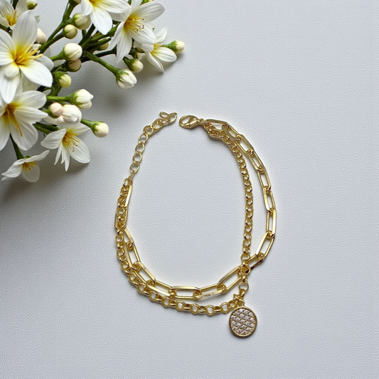 Pulseira Dupla Pingente Redondo Microzircônias
