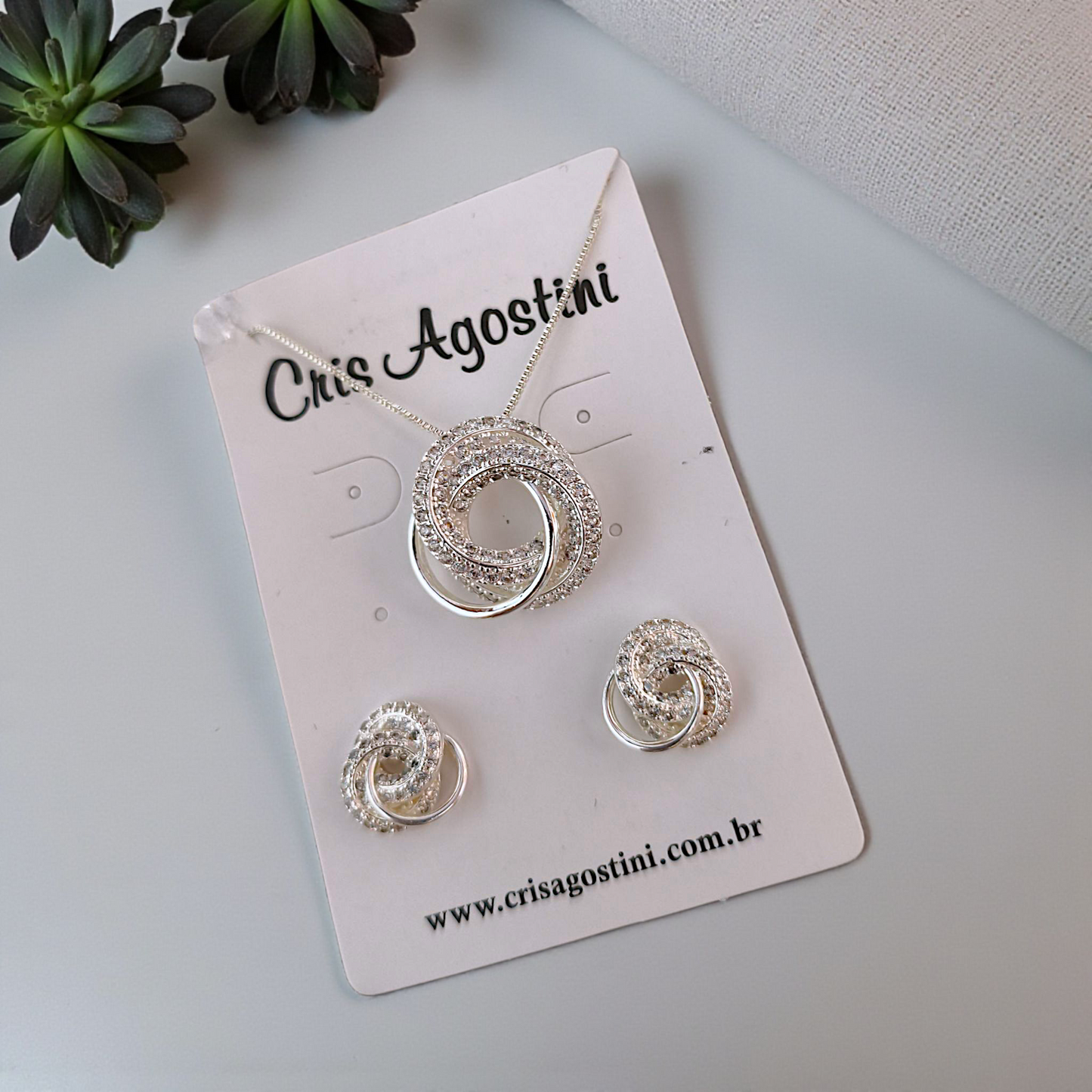 Conjunto Círculos Entrelaçados Microzircônias Prata 925