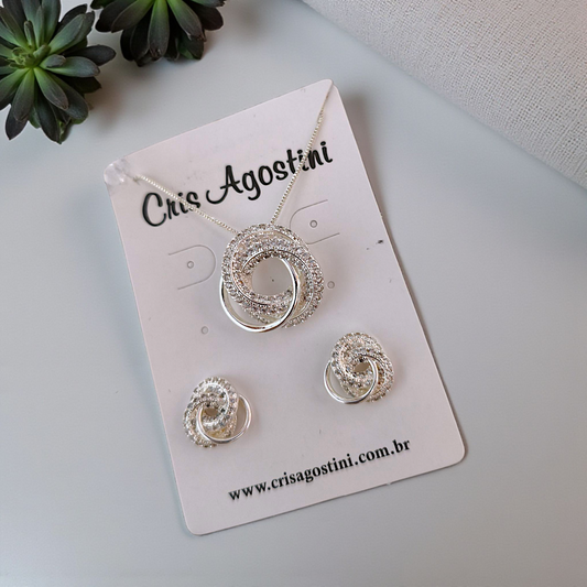 Conjunto Círculos Entrelaçados Microzircônias Prata 925