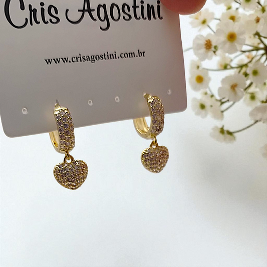 Brinco Argolinha Pingente Coração Microzircônias