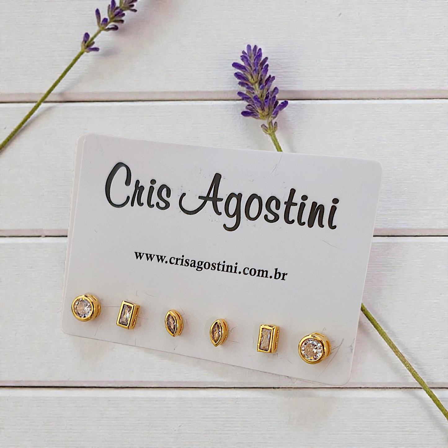 Trio Brincos Zircônia Círculo, Retângulo e Oval