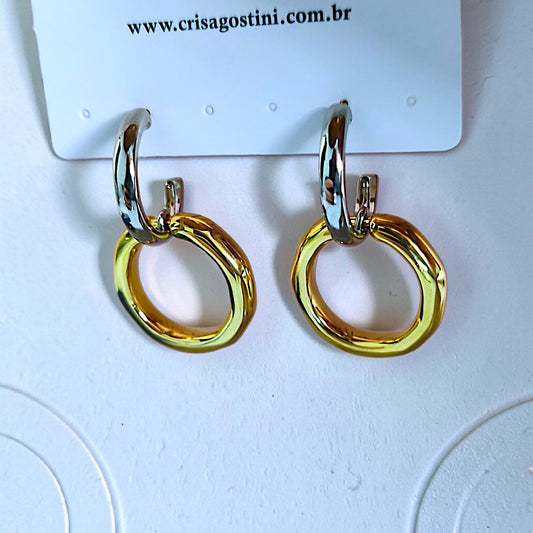 Brinco Meia Argola e Círculo Vazado Bicolor