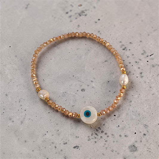Pulseira Cristal, Pérolas e Olho Grego