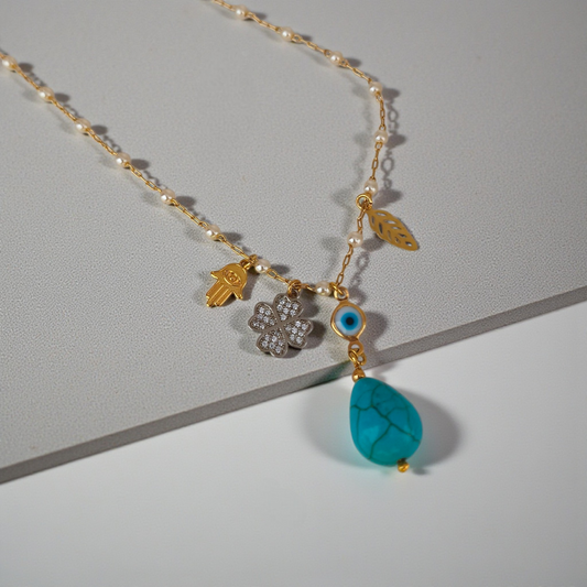 Colar Perolinhas, Pingentes da Sorte e Pedra Turquesa