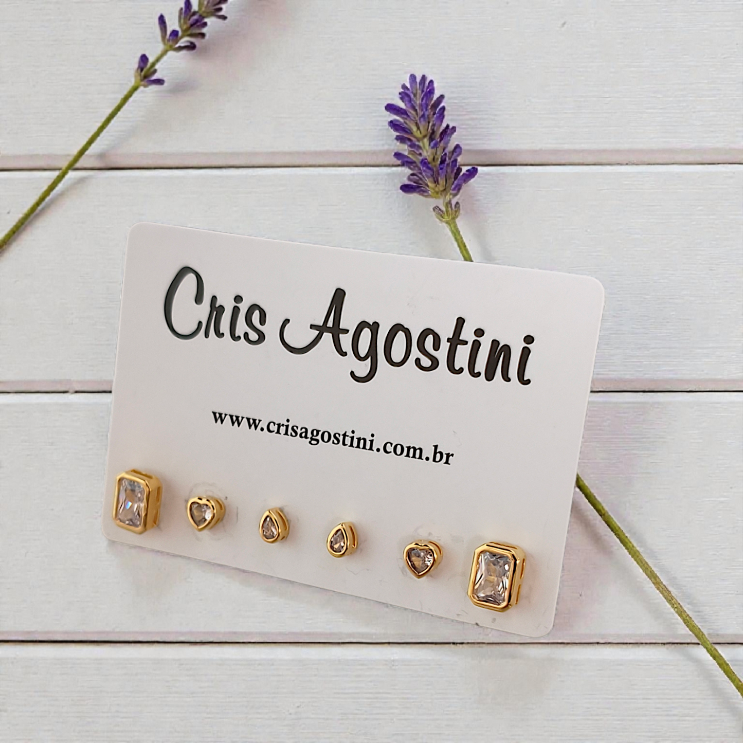 Trio Brincos Zircônia Quadrado, Coração e Gota