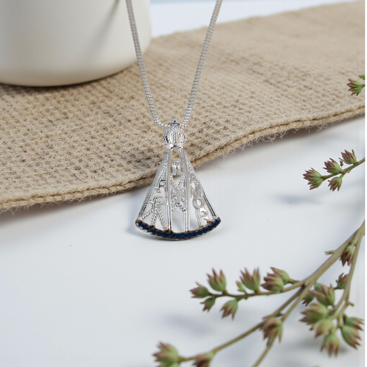 Colar N. Sra. Aparecida Vazada Barrado Azul 25mm  Prata 925