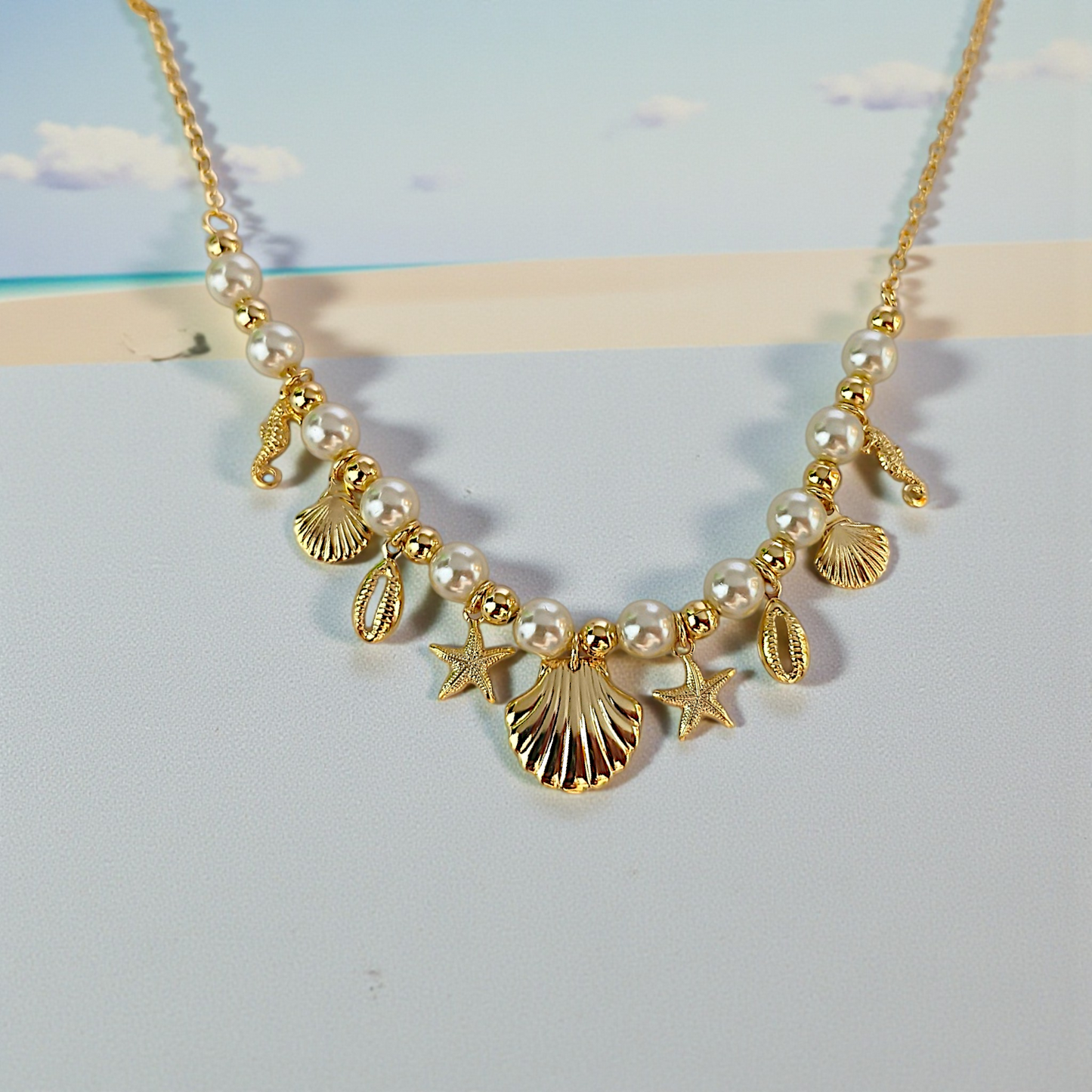 Colar Choker Pérolas e Pingentes Mar