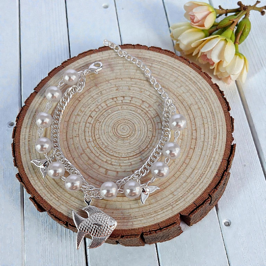 Pulseira Malha Dupla Pérolas e Pingente Peixe Prata 925