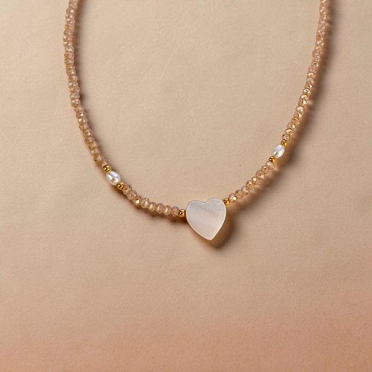 Colar Cristal, Pérola e Coração Madrepérola