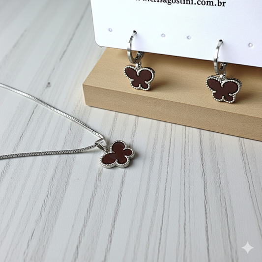 Conjunto Borboleta Trevo VClif Prata 925