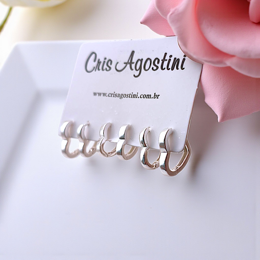 Brinco Trio Argolinhas Corações Lisos Prata 925