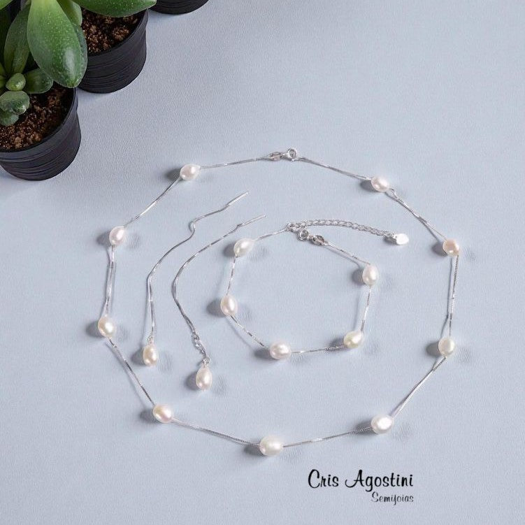 Conjunto  Pérola Água Doce Prata 925