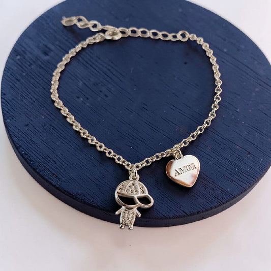 Pulseira Pingentes 1 Menino e Coração Love Prata 925